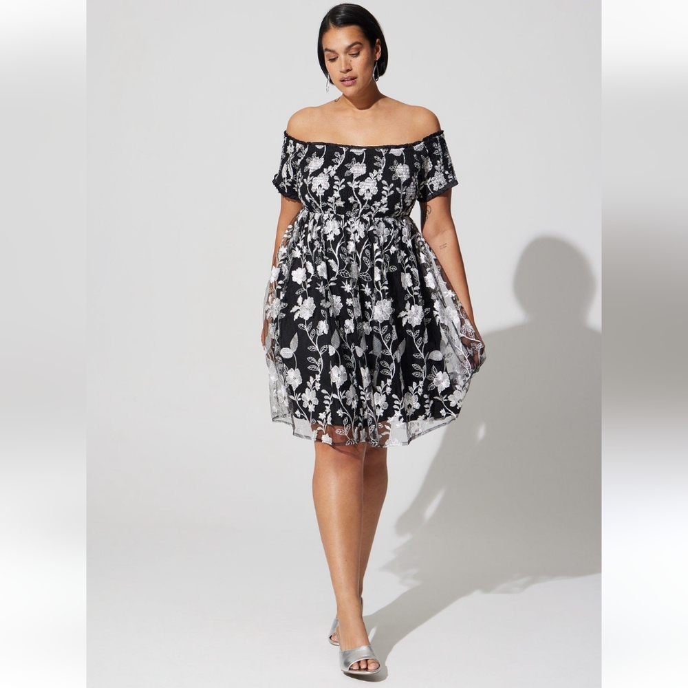Torrid- Mini Lace Smocked Off Shoulder Dress